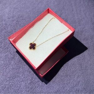 Gold Tone Necklave with Red Clover Pendant